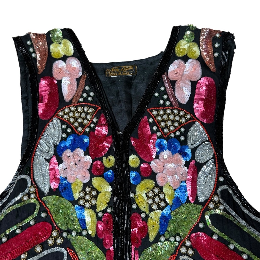 Vintage Multi Color Sequined Black Silk Vest Size Small - Picture 3 of 10